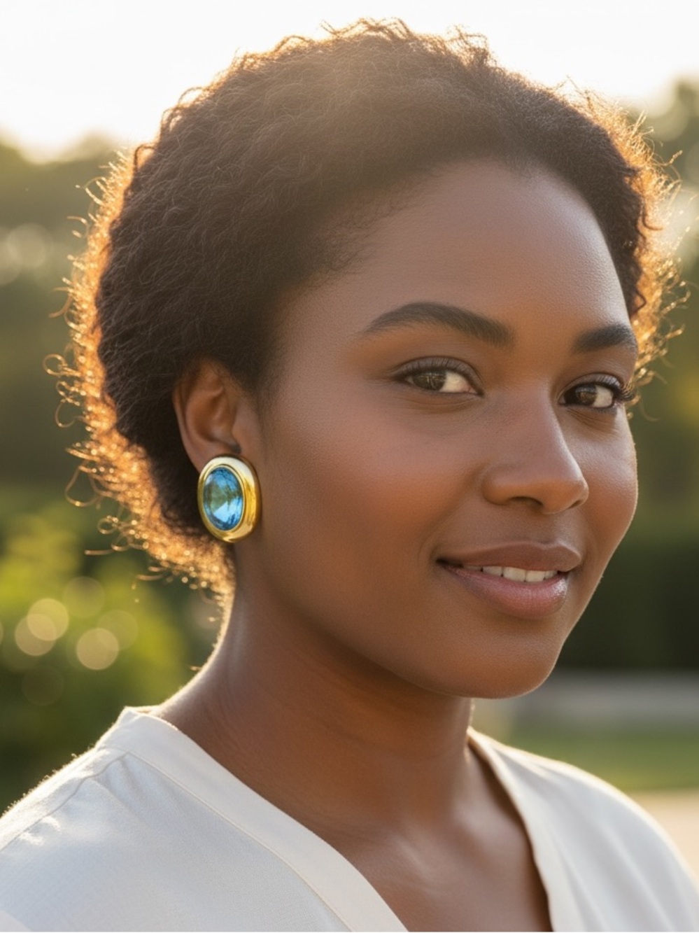 Monet Vintage Oversized Oval Clip Earrings with Light Sky Blue Cabochons